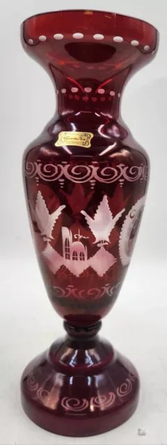Vintage Egermann Ruby Red Glass Vase Cut To Clear Crystal Bohemian Czech 11"