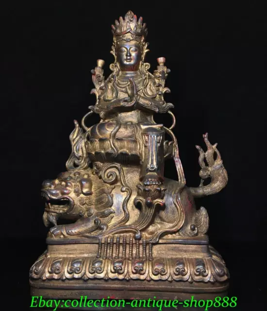 Old Chinese Bronze Gilt Wenshu Manjushri Kwan-yin Guanyin Goddess On Lion Statue