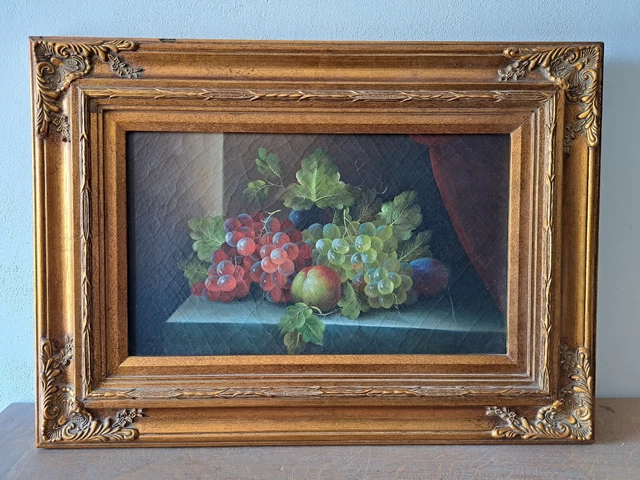 Quadro Dipinto Natura Morta Frutta Uva Su Tela Cornice Dorata Vintage