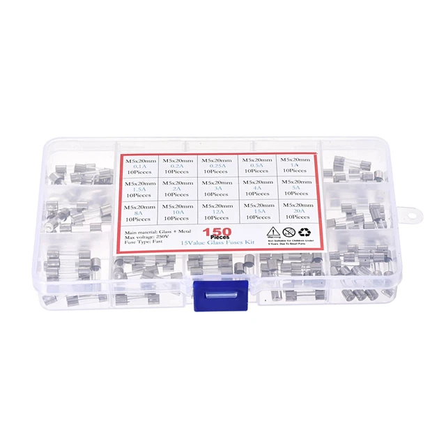 0.1A - 20A 250V 5x20mm Fusion Rapide 15 Value 150Pcs Verre Fusibles Kit 2