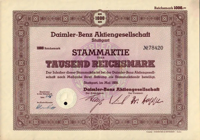 Daimler Benz AG Stuttgart Germany 1,000 RM *** 1939 **** Mercedes Car makers