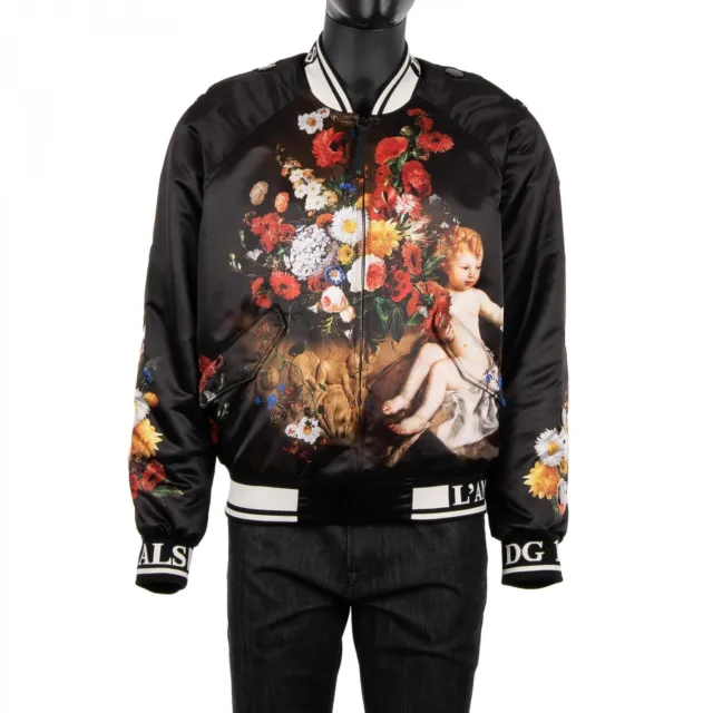 DOLCE & GABBANA Wide Baroque Angel Flower Stuffed Bomber Jacket Black 07934