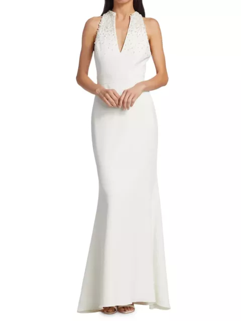 BADGLEY MISCHKA Faux Pearl Embellished Crepe Gown, V-neck, Size 12, $795 NWT