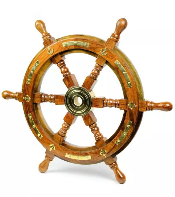 18 inch Ship Wooden Wheel-Brass Anchor & Strips Wheel-Wooden Handles Wheel Wall