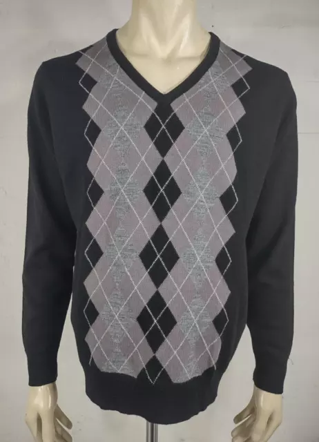 John Smedley black gray argyle 100% Merino Wool V-Neck sweater mens Large