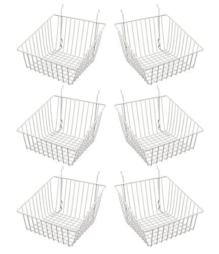 - White Multi-Fit Sloped Front Wire Basket for Slatwall, Pegboard or Gridwall