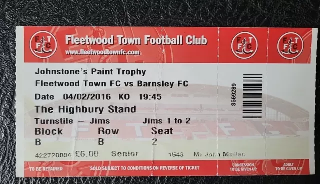 Ticket Stub Fleetwood Town V Barnsley Johnstone's Paint Trophy 2015 / 2016