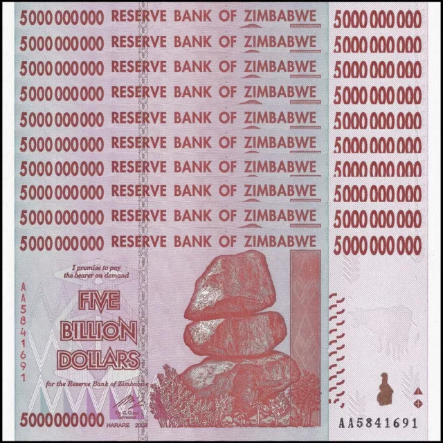 Zimbabwe 10 x 5 Billion Dollars 2008 - Pick - 84 UNC Lot 10 Pcs