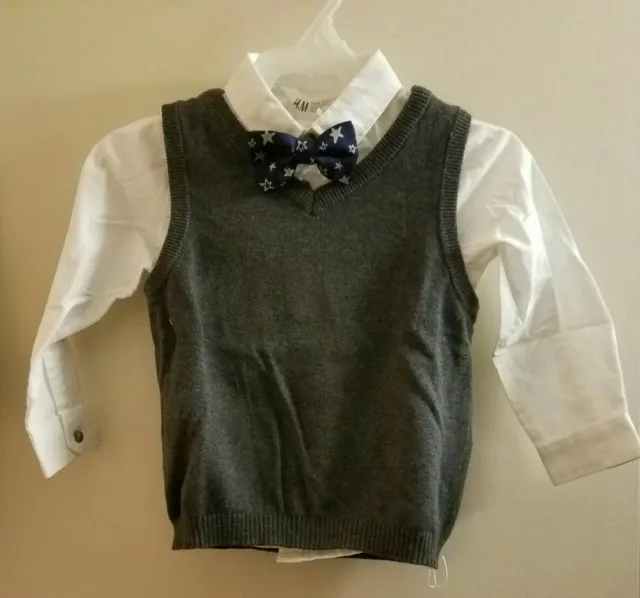 New Toddler Boys Size 2-3 H&M 3 Pc Tuxedo Set White Shirt Grey Vest Navy Bow