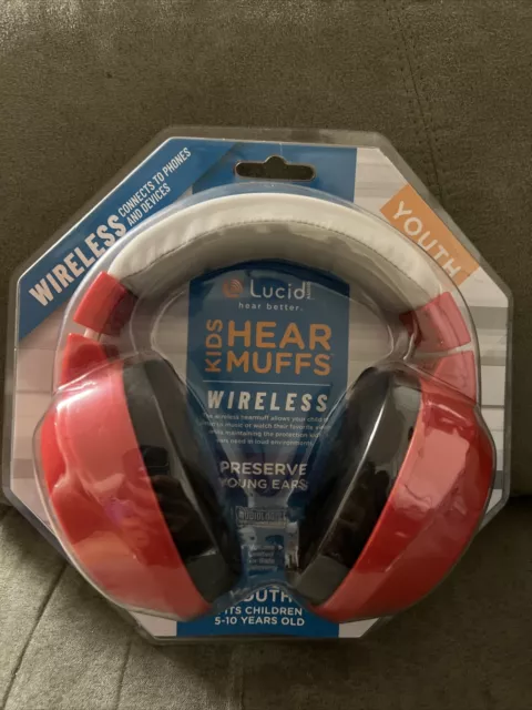 Lucid Audio Wireless Hear Muffs Youth Fits 5-10 Years Old Red New
