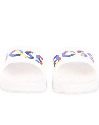 HUGO BOSS Kids Colourful Logo Slide Sandals in White Size 36 UNISEX