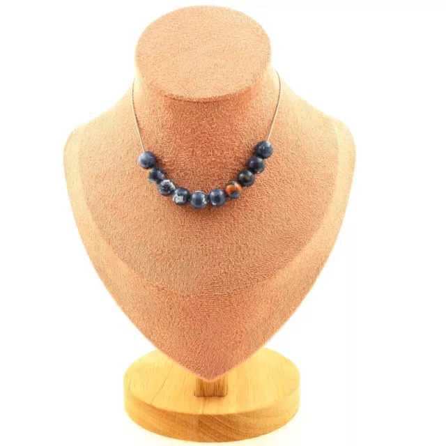 Collier 10 perles Jaspe bleu 8 mm. Chaine en acier inoxydable Collier femmes, h