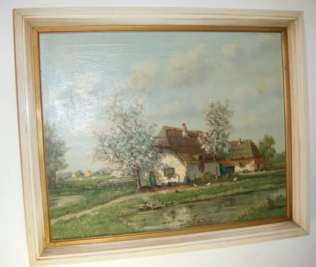 Vintage 1950's Signed Framed Oil Painting on Canvas Rural Cottage Farming Scene
