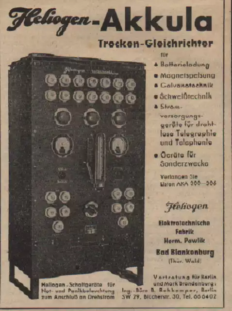 BAD BLANKENBURG, Werbung 1939, Heliogen-Akkula Trocken-Gleichrichter