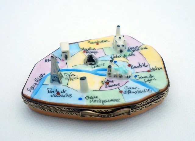 New French Limoges Trinket Box Amazing Paris Metro Map w Famous Paris Monuments