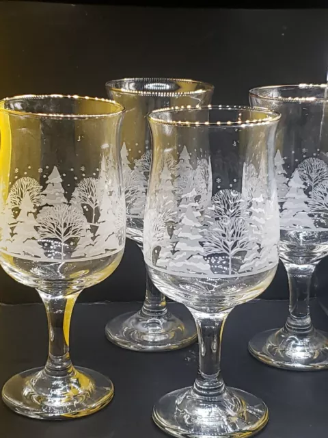 Vintage Libbey Winter Scene Curved Wine Glasses With Gold Rim Set Of 4