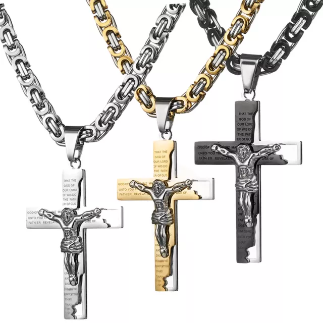 Hot MEN Byzantine Chain Stainless Steel Black Gold Silver Cross Pendant Necklace