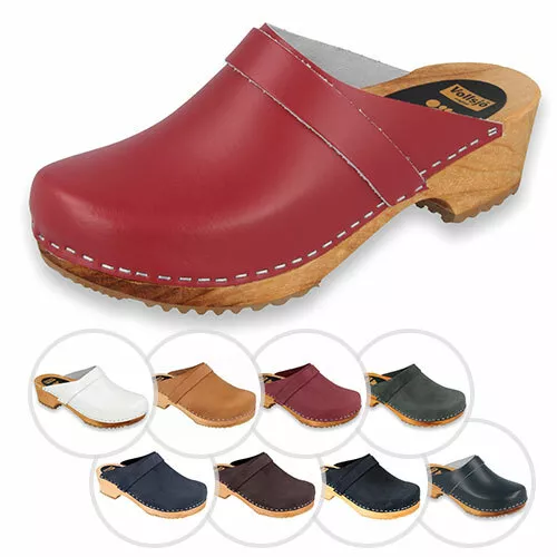 Vollsjö Damen Clogs Hausschuhe Holzclogs Leder Holzschuhe EU