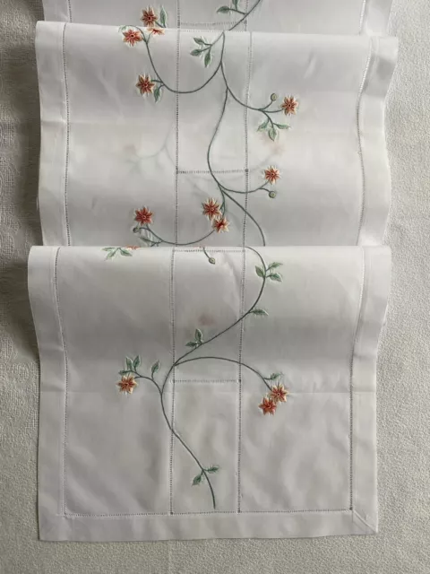 Hand Embroidered Table Runner, white cotton, apricot floral design,200cm x 40cm