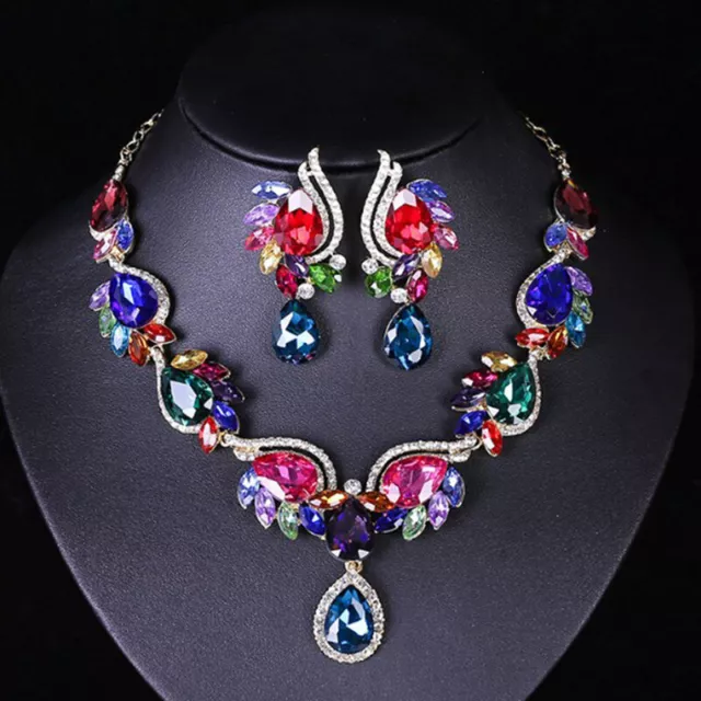 Jewelry Set Fashion Crystal Pendant Bib Choker Chain Statement Necklace Earrings