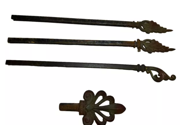 Lot of 4 antique ornate Victorian Curtain Rods Cast iron Swing Arm Parts Finial