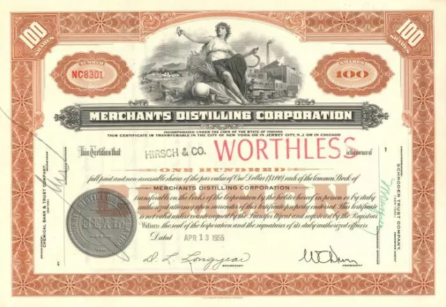 Merchants Distilling Corporation - Stock Certificate - Breweries & Distilleries