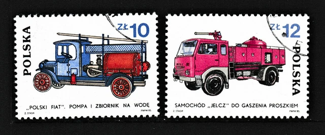 2 Briefmarken "Feuerwehrautos - Jelcz & Polsky Fiat" Polen 1985
