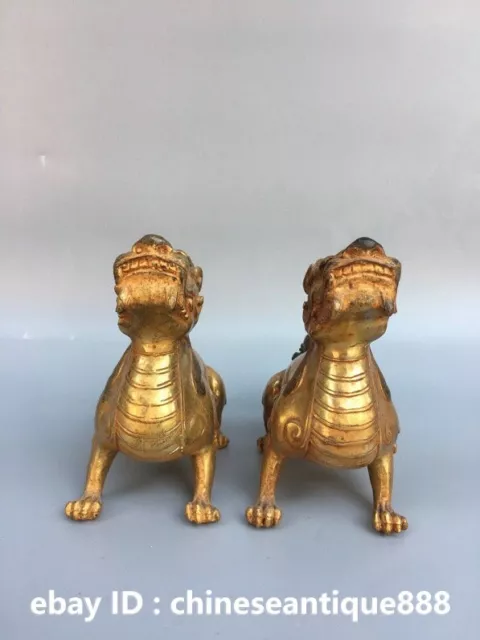 4.9" Unique China Bronze Gilt Double Head Dragon PiXiu Beast Animal Statue Pair 2