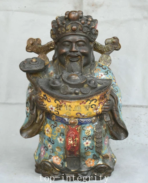 8.6'' Old China Bronze Cloisonne Enamel Wealth Yuanbao Money Coin Ruyi Statue
