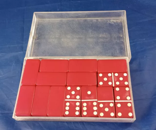 Vintage Crisloid Red Bakelite 28 Piece Dominoes Game Set In Plastic Case