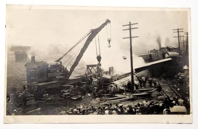 Vtg. RPPC Postcard C.& N.W. Railroad Steam Engine Crane Assisting Train Wreck