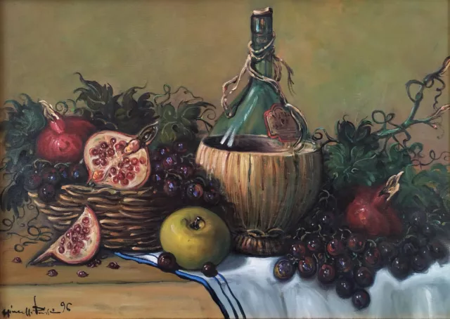 Nature morte Réaliste Italienne Raisins, Fiasque de Vin Peinture à Huile signée
