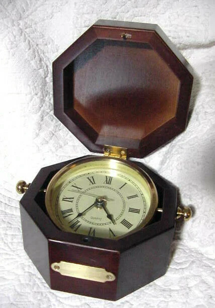 Reduced COLLECTIBLE Beautiful BRASS SWIVEL CLOCK MOUNTED IN  A HINGED WOOD CASE