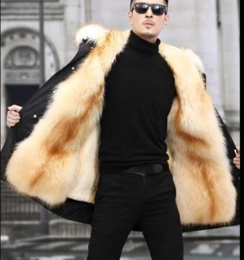 Mens Mink Fur Lined Long Coat Fox Fur Collar Hooded Warm Winter Outwear Parka XL