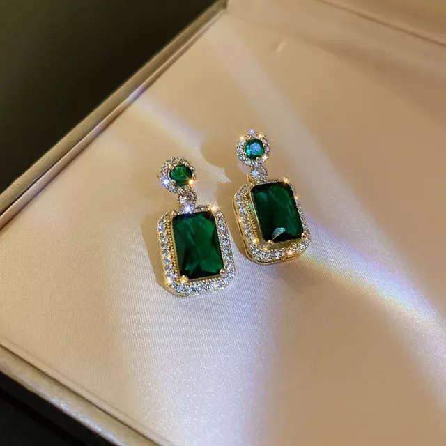 Earrings Crystal Emerald Rhinestone Gold Plated Zircon Rectangle Green Drop Gift