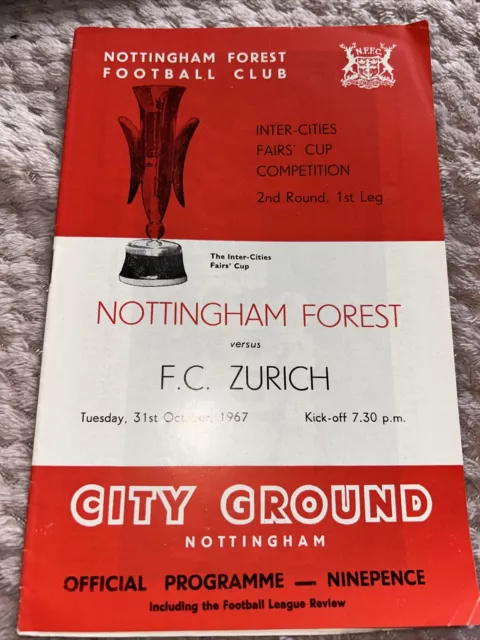 Nottingham Forest V Fc Zurich Fairs Cup 2R 1L 31st Oct 1967