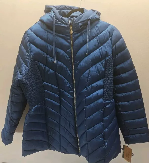 Bernardo Womens Hooded Packable Recycled Polyester Filled Puffer Jacket Blue 2XL