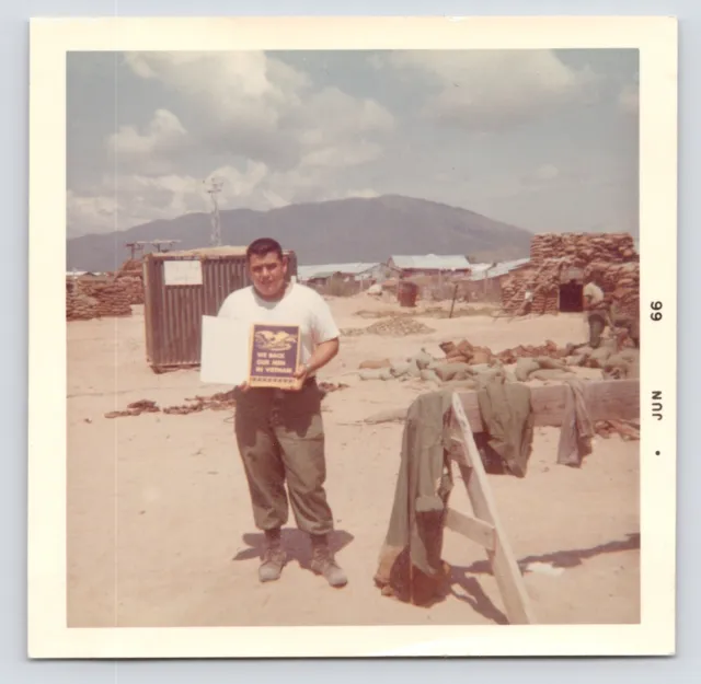 1966 Vietnam War GI with WE BACK OUR MEN Sign in Camp Love Letter Vintage Photo