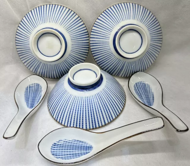 SET of 3, Japanese Miso Soup Rice Bowls  W/Matching Spoons Porcelain Blue White