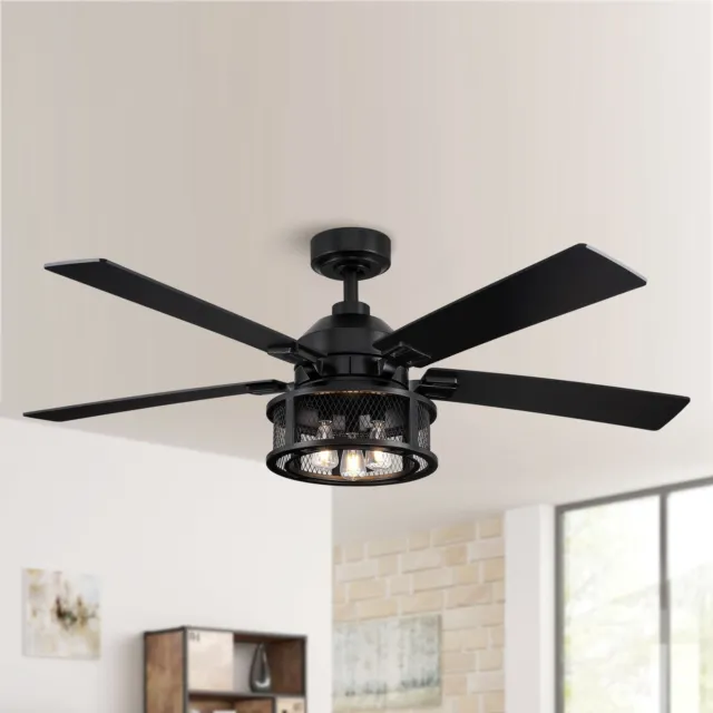 52" Industrial Reversible 5-Blade Mesh LED Ceiling Fan with Black/ Pine