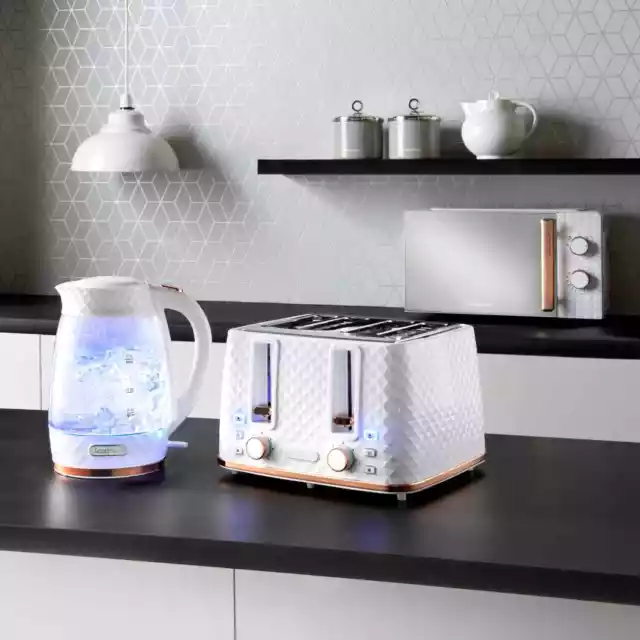 GOODMANS KITCHEN SET Microwave Toaster Kettle White and Rose Gold Diamond 3pc 199.99 PicClick UK