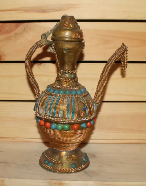 Antique Islamic hand made ornate brass pitcher teapot with spout