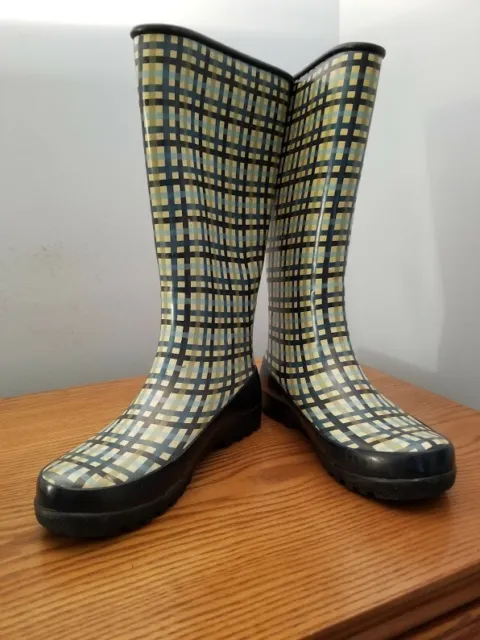 SPERRY Top-Sider 'Pelican' Navy Blue Plaid Fleece-Lined Snow Rain Rubber Boots 8