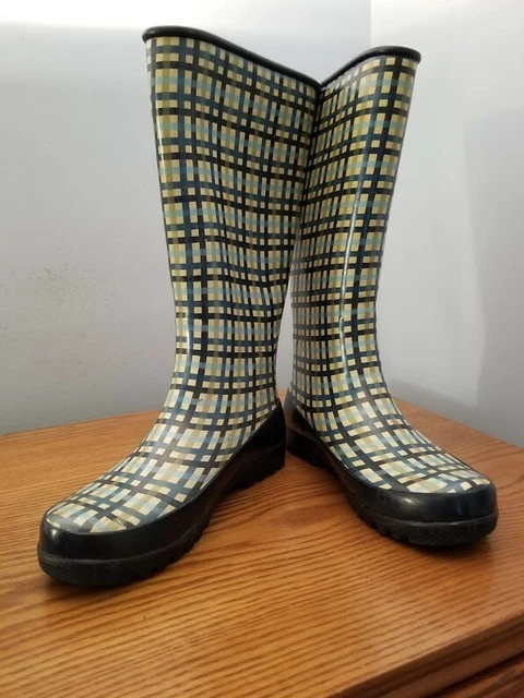 SPERRY Top-Sider 'Pelican' Navy Blue Plaid Fleece-Lined Snow Rain Rubber Boots 8