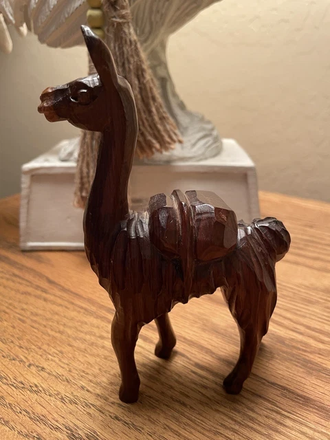 6” Wood Carved Llama Or Alpaca With Bundle On Back  EUC