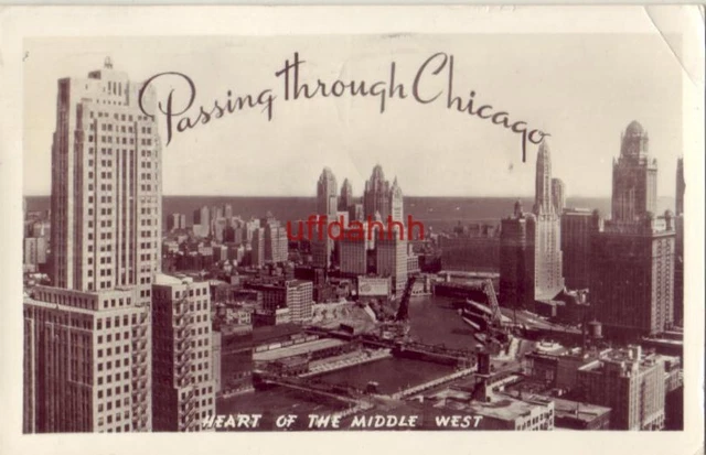 RPPC Passing through Chicago HEART OF THE MIDDLE WEST 1947 view of downtown