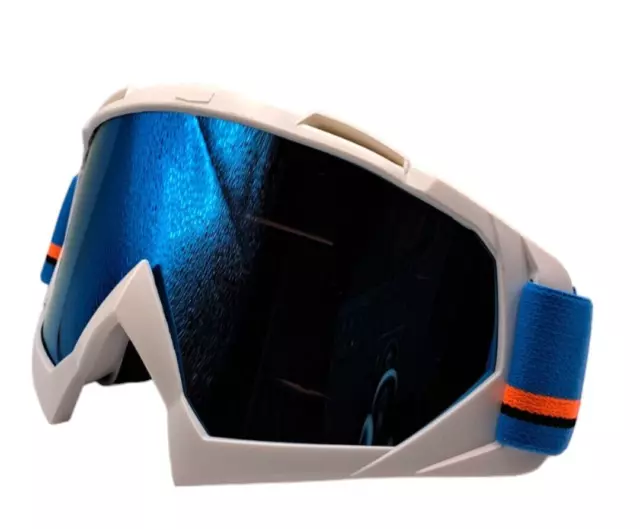 Mascherina Maschera Occhiali Da Cross Motocross Bianco Lente blu Specchio