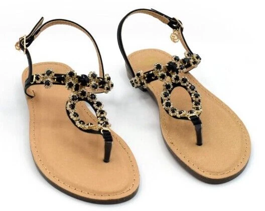 Gold & GL745 Sandales Chaussures Femme Boucle Ceinture Fine Cuir Écologique Noir