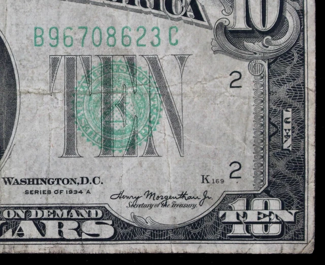 $10 1934A LFP 169 Federal Reserve Note B96708623C series A, New York, ten dollar