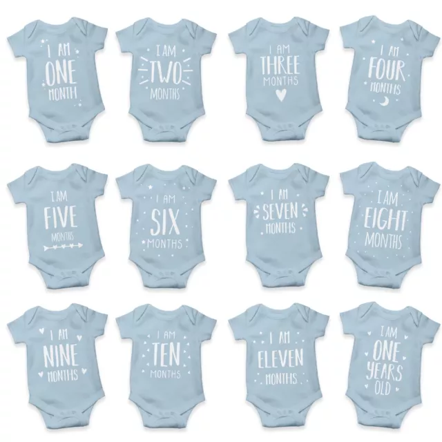 Baby Milestone Blue Monthly Birthday Personalised Baby Bodysuits